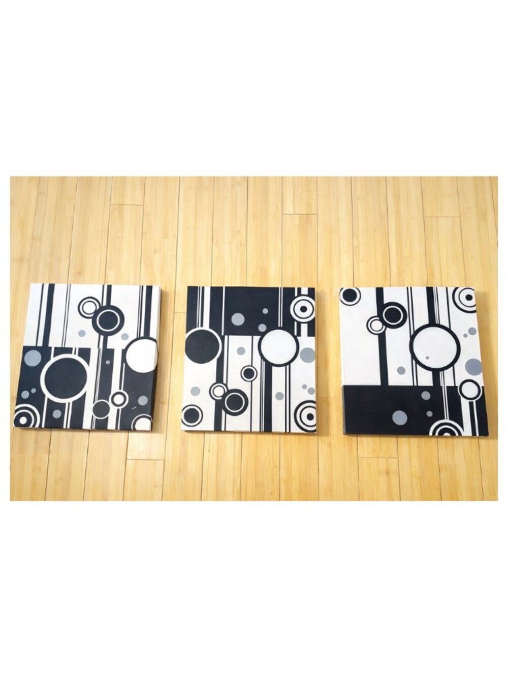 Set of 3 Abstract Geometric Canvas Wall Art Black White Grey